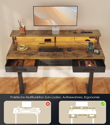 OffiGo Electric Standing Desk with Drawers, 120cm Adjustable Height Desk with Monitor Stand, Gaming Desk with Power Outlets & LED Light Bar, Brown Office Desk - 120 x 54cm