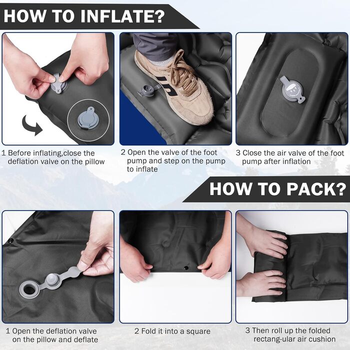 Надувний матрац Isomatte 12 см для кемпінгу з насосом та подушкою, сірий. Матрац для подорожей, пляжу, туризму, антирозривний, портативний