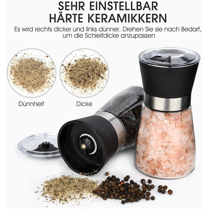 Набір мельниць для солі та перцю Salzmühle & Pfeffermühle PG180 (2 шт.) з регульованим керамічним жорном, скляні, для різних спецій, включаючи перець чилі