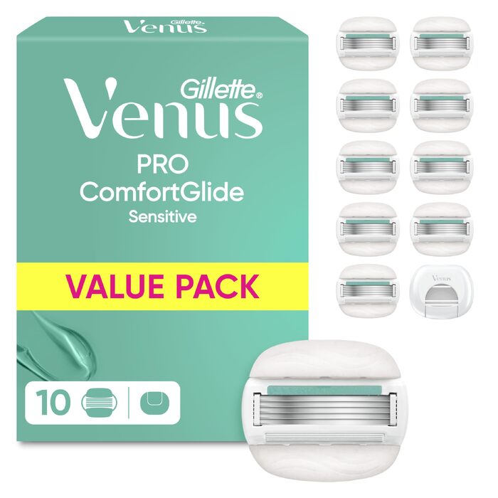 Жіноча бритва Gillette Venus Pro Comfortglide Sensitive для чутливої шкіри, срібляста (10 лез та захисний ковпачок)