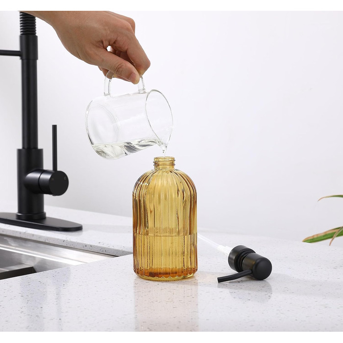 Дозатор для мила з бурштинового скла, 473 мл, з щіткою для миття, для ванної кімнати та кухні, з золотою помпою, преміум-якість