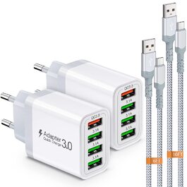 Зарядний пристрій USB 33W QC 3.0, 4 порти + 2 кабелі USB-C 2м/3м для Samsung Galaxy S24/23/22/21, iPad Pro, LG, Sony - білий