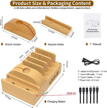 Багатофункціональна заряджна станція 5-в-1 з бездротовою зарядкою, світлом та годинником, бамбук, сумісна з годинниками, AirPods, Samsung Galaxy та іншими пристроями