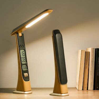 Bokefo Світлодіодна настільна лампа з акумулятором 1800 mAh, 3 кольори, регулювання яскравості, годинник, сенсорне управління, складна та портативна. Підходить для офісу, навчання, читання. Без адаптера