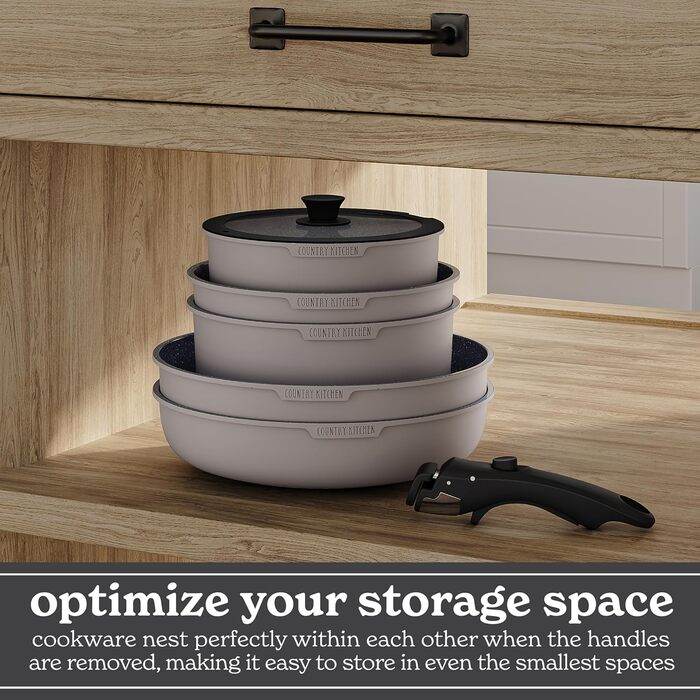 Набір посуду Country Kitchen 13 предметів: каструлі та сковорідки з антипригарним покриттям, знімний ручка, для кухні, кемпінгу, духовки (сірий)