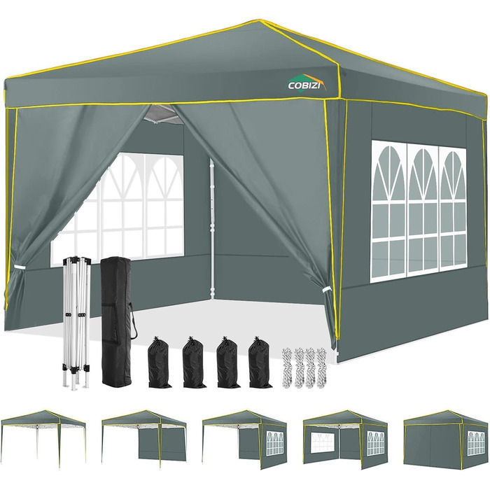 COBIZI Pavilion 3x3 Waterproof Stable Winter-Proof Party Tent, Folding Pavilion 3.0, 100% Waterproof and UV 50+ Portable High-End Portability Garden Pavilion, (Gray, 3x3 with 4 Side Walls)