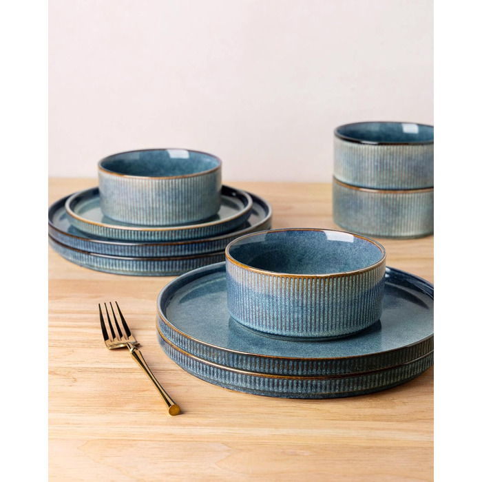 Набір посуду GBhome з каменю, 24 елементи, ручна робота, для 6 осіб, стійкий до миття в посудомийній машині та мікрохвильовій печі, керамічний посуд, блакитний колір