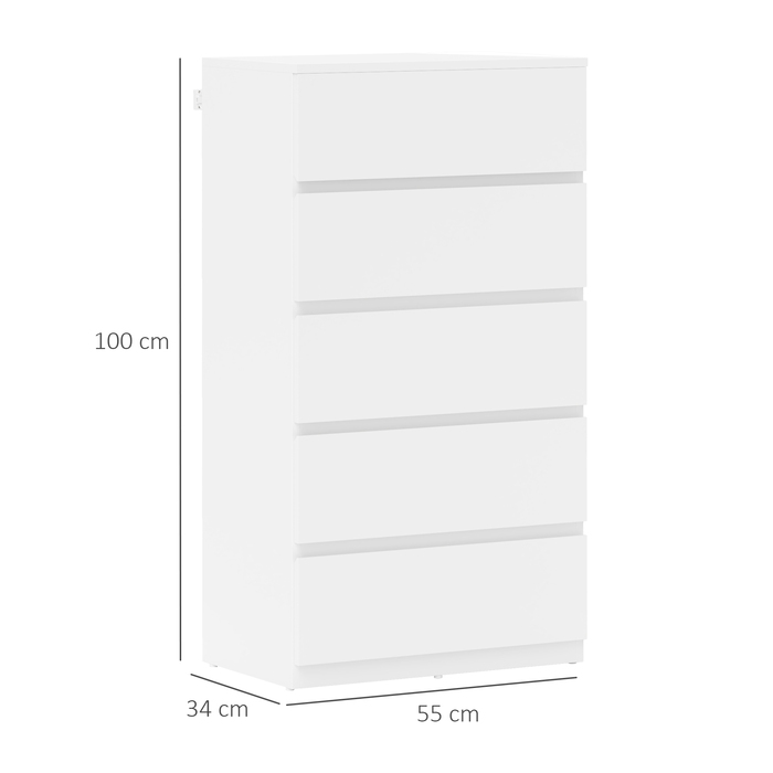 HOMCOM Chest of Drawers/Dresser/Sideboard with 5 Drawers, Office Cabinet with Tip-Proof Pull Handles, for Living Room, Bedroom, White, 55 x 34 x 100 cm | Aosom