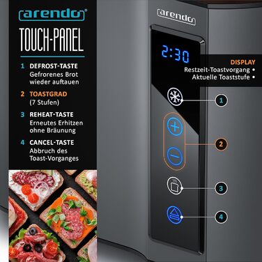Тостер Arendo Touch на 2 скибки, нержавіюча сталь, сенсорна панель, цифровий дисплей, індикатор залишкового часу, 800 Вт, подвійний корпус, підставка для булочок, 7 рівнів підсмажування, центрирування хліба, Cool Grey