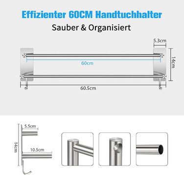 Тримач для рушників без свердління, 60 см, самоклеючий, з гачками, нержавіюча сталь, вологостійкий, для ванної кімнати та кухні, срібляний