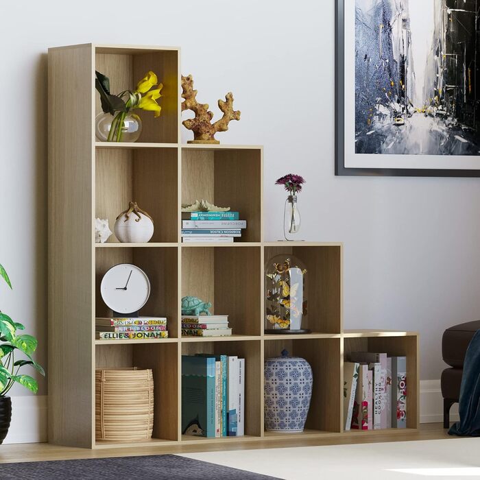 Стелаж Vida Designs Durham для вітальні, 10 кубів, дуб, з 5 сірими кошиками – книжкова полиця, органайзер, меблі для зберігання