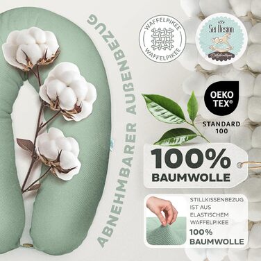 Ортопедична подушка для вагітних та годуючих Sei Design XXL з муслінової обтяжки, ергономічна, для сну на боці, комфортна для дорослих, 100% органічна бавовна (вафельна тканина м'ятного кольору, наволочка 190x30)