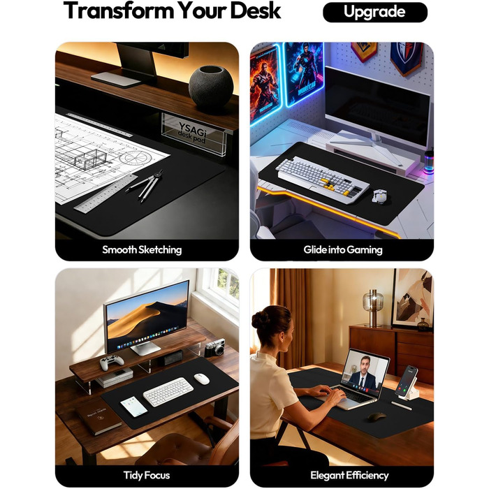 Килимок для миші шкіряний преміум YSAGi XXL 90x43 см, чорний - офісний килимок на стіл для роботи та дому