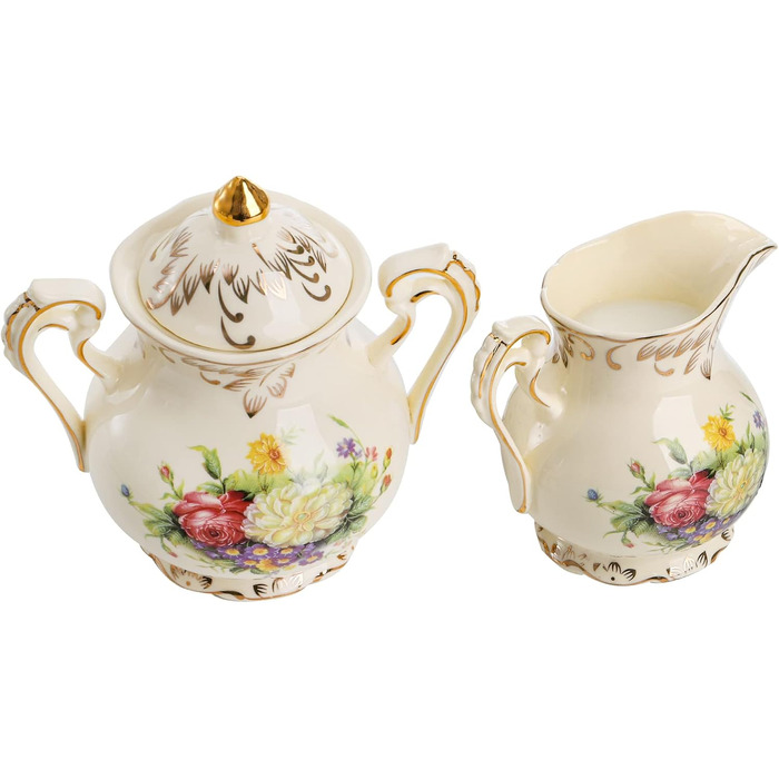 Foreigner's Zucker and Milchkännchen Set, Porcelain Ivory Coffee Serving Set Blossom Bushes Pattern Golden Leaves Edge Cream Pitcher and Sugar Bowl with Lid