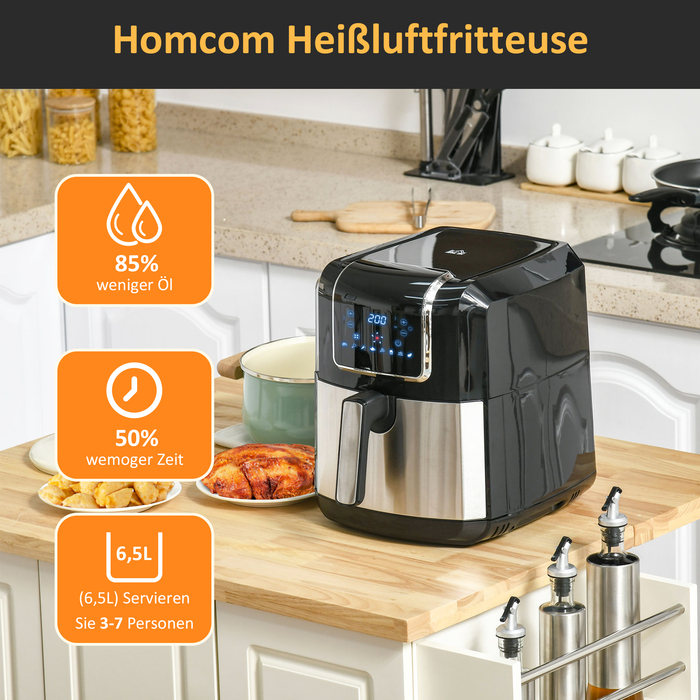HOMCOM Фритюрниця для повітряного приготування 6,5 л, 1700 Вт, з 8 програмами, LED-дисплеєм, антипригарним кошиком для здорового приготування без олії, 36,5 x 29 x 33,8 см