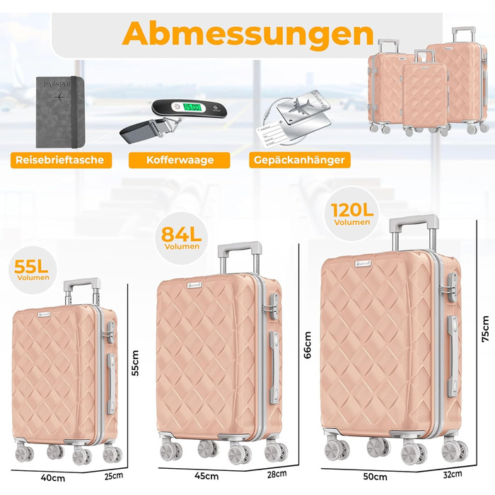 Набір валіз KESSER® 3 шт. | Валізи з ABS-пластику з кодовим замком, ваги для валіз та органайзер для документів, 360° колеса | Ручна поклажа та великі валізи для подорожей та бізнесу (Нюдовий сірий)