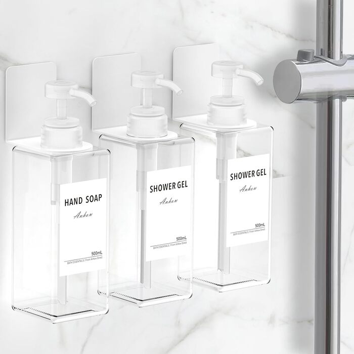Дозатор мила Anhow 3er PETG для стін, набір з 3 шт. Без свердління, прозорий, 500 мл, з 16 водонепроникними етикетками для кухні/ванної кімнати