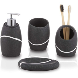 ZCCZ Bathroom Set – 4-Piece Organizer Set with Toothbrush Holder, Soap Dispenser, Cosmetic Dish, and Cotton Swabs – Elegant Stone-Look Decor, Black for Modern Bathroom