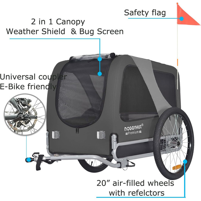 DOGGYHUT® Преміум великий велосипедний причіп для собак об'ємом 270 літрів, сірий (для середніх та великих собак)