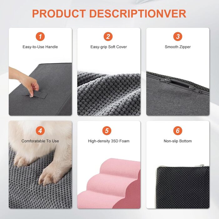 Trhillsbrad Dog Stairs, 5 Steps for Small Dogs, High-Density Foam Pet Stairs, Washable Cover and Non-Slip Bottom (Foldable Dog Stairs, 4 Steps)