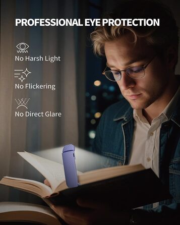 LED-ліхтарик для читання (книжкове світло) Wiederaufladbares, ультралегке, з 3 кольорами та 5 рівнями яскравості, диммується, портативне, фіолетово-чорне