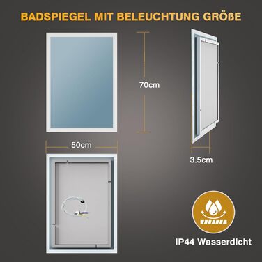 Дзеркало для ванної кімнати з підсвічуванням 50x70 см, LED, антизапар, 2 кольори світла (3000K/6500K), прямокутне, без рами