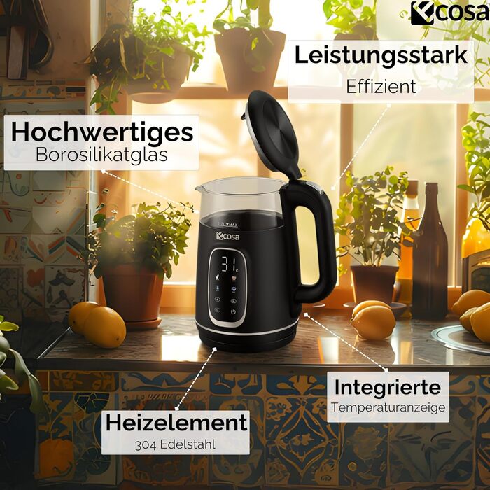 Електрочайник Ecosa® зі скляною колбою та регулюванням температури, 1,7 л, 2200 Вт, не містить BPA, з підігрівом та LED-підсвічуванням (Black Pearl)