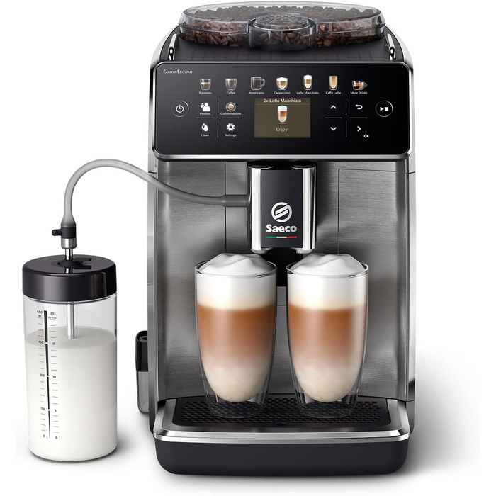 Saeco GranAroma Fully Automatic Espresso Machine, 16 Beverages, 6 User Profiles, Colored TFT Display, Metal Front, SM6585/00. 16 Coffee Specialties. No Wifi