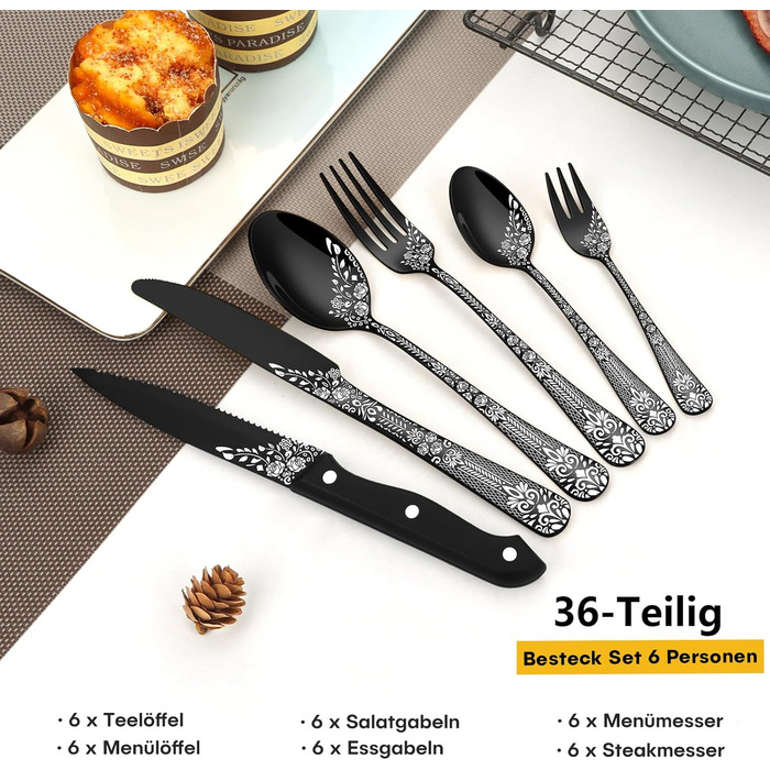 Black Cutlery Set for 6 People, HONKKU 36-Piece Stainless Steel Cutlery Set with Steak Knives, Eating Utensil Set Mirror Polished with Floral Patterns, Fork Spoon Knife Set Dishwasher Safe