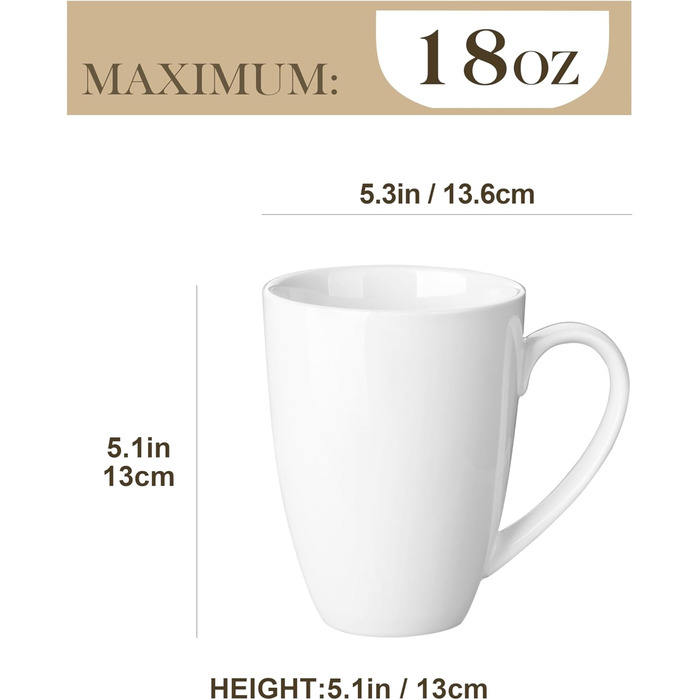 MALACASA Coffee Mugs Set of 6, Porcelain 560ML Mug Set, Large Modern Coffee Cups with Handle for Tea, Juice, Latte, Cappuccino, Hot Chocolate. Dishwasher and microwave safe, REG White Series