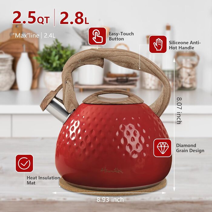 Чайник Harriet Teekessel для плити, 2,5 л, з флейтою, 5-шаровий, з нержавіючої сталі, з термостійким ручками, для газових та електричних плит, червоний, блискучий