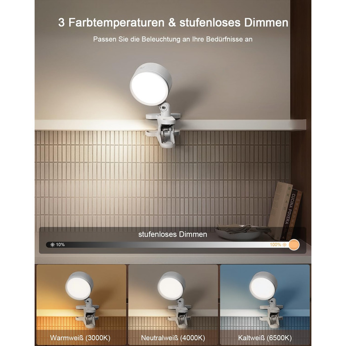 Нічник на ліжко акумуляторний бездротовий з USB-C, 5000mAh, з кліпсою, димуючий, з пультом, LED, 360° поворотний, для спальні, кемпінгу (білий)