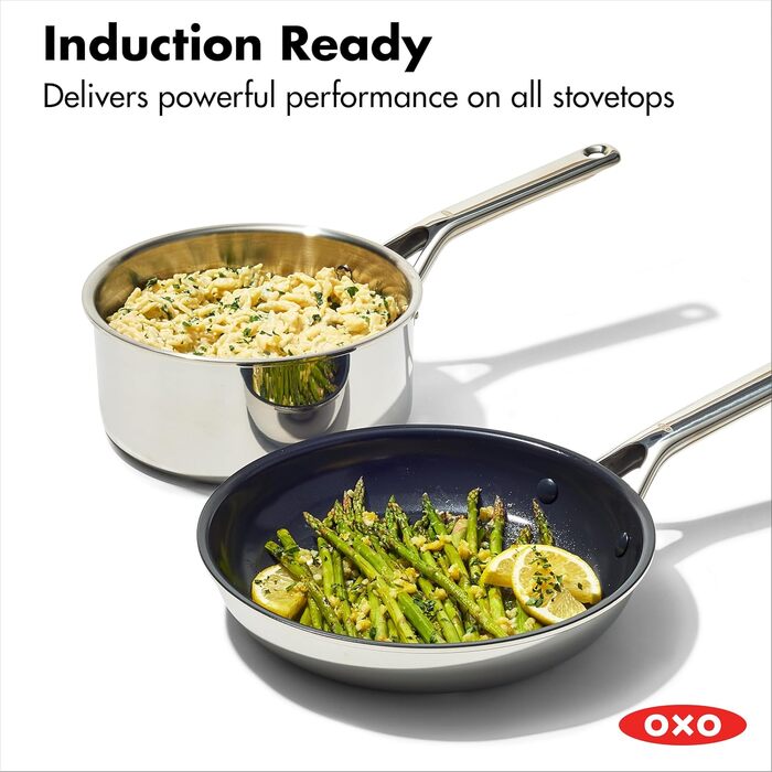 Набір кухонного посуду OXO Agility Tri-Ply з нержавіючої сталі, 13 предметів: каструлі, сковорідки, суповарка. Сумісний з індукцією, антипригарне покриття без PFAS, рівномірний нагрів, 5.7 л, нержавіюча сталь