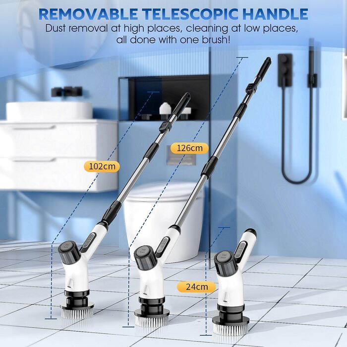 Електрична щітка для прибирання з акумулятором 3000mAh, 7 насадок, регульована ручка, IPX7 водонепроникність, 2 швидкості, для ванної кімнати та плитки, кремово-білий колір (Коричнева Хмара)