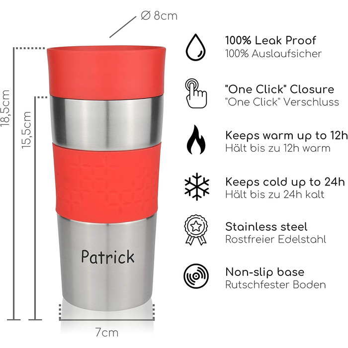 Термокружка Milu 450 мл з нержавіючої сталі, ізольована, для кави з собою, без витоку, автокружка з подвійними стінками, червона