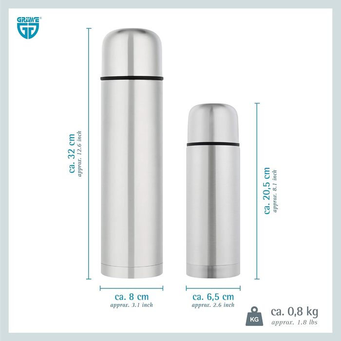 Термос GRÄWE з нержавіючої сталі, 1 л/350 мл, сріблястий | Термокружка, ізотермос, для подорожей, з чашкою, не протікає, придатний для миття в посудомийній машині