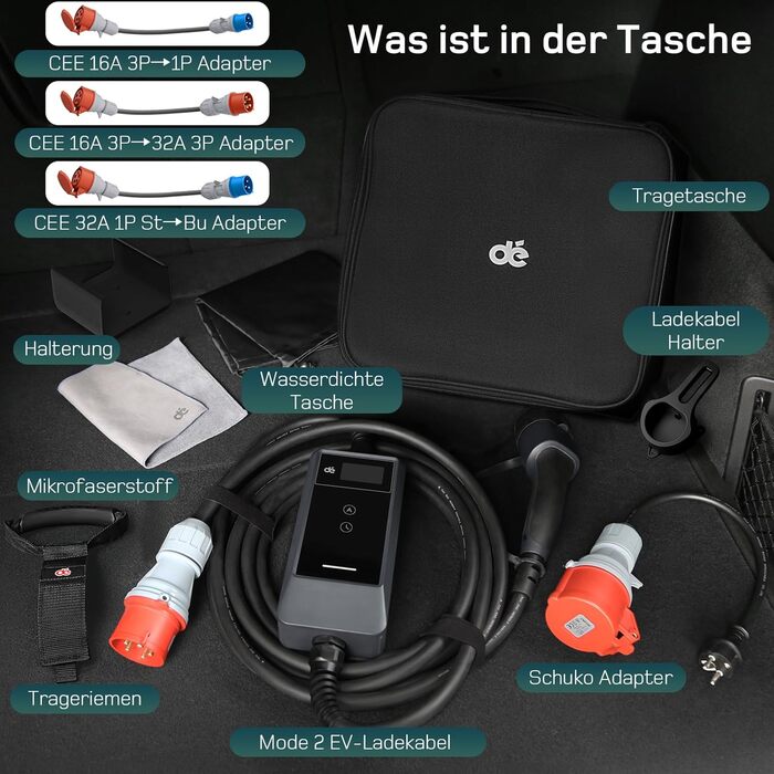 Зарядна станція для електромобілів Dé 11 кВт (3 фази, 6-16A) з регульованою потужністю, кабель CEE 16A - Type 2, сумісна з Model Y/3, ID.3/4/5, MG4, EX30, e-up, e-tron та BEV/PHEV, комплект 7м