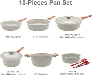 Набір посуду AIKENBBKK 10 предметів: сковороди з кришкою 20, 24, 28 см, каструля з ручкою 18 см + пароварка, каструля 4.7 л, антипригарне покриття, знімний ручка (білий)