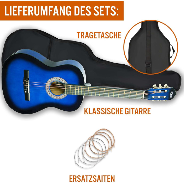 Класична гітара 3rd Avenue 4/4-Klassikgitarre з нейлоновими струнами, повний розмір, початковий набір – блакитний Blueburst