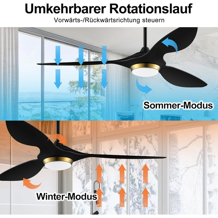 Стеляний вентилятор Reiga з підсвічуванням та пультом керування, 132 см, тихий реверсивний двигун, 6 швидкостей, таймер, регулювання яскравості та 3 колірні температури, коричневі лопаті (чорно-золотий колір)