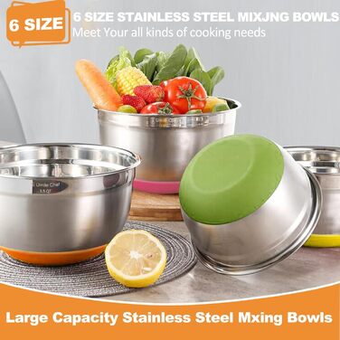 Umite Boss Mixing Bowls with Airtight Lids, 6-Piece Stainless Steel Metal Bowls by Chef, Measuring Markings and Colorful Non-Slip Bottoms, Sizes 7, 3.5, 2.5, 2.0, 1.5, 1 QT, ideal for mixing