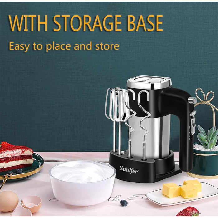 Ручний міксер Sonifer 500W з нержавіючої сталі, 5 швидкостей + турбо, знімні насадки, миється в посудомийній машині