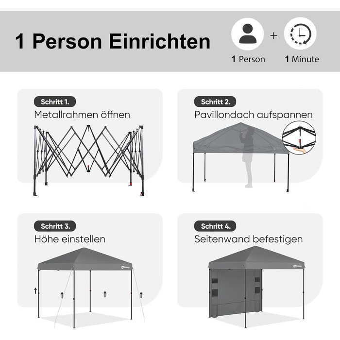 Sekey One-Touch Pop-Up Pavilion 3x3 Waterproof, Winter-Proof, Foldable 3x3m Pavilion with Thickened Tubes, Party Tent Pavilion for Camping, Festival, Party (Gray, with Back Wall)