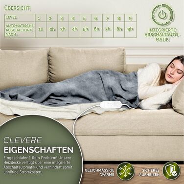 Електрична ковдра Sinnlein® з автовимкненням 160 x 120 см | 9 температурних режимів | Ковдра для ліжка та дивана | Таймер, цифрова панель керування (180x130 см, світло-сіра)