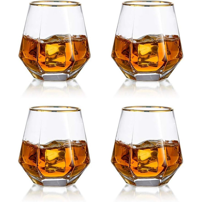 Diamond Whiskey Glasses 4-Piece Set, Tilted Scotch Glasses 300 Ml, Modern Look Whiskey Glasses for Men, Women, Dad, Husband, Friends, Glassware for Bourbon/Rum/Bar Tumbler, Clear + Gold Rim 4