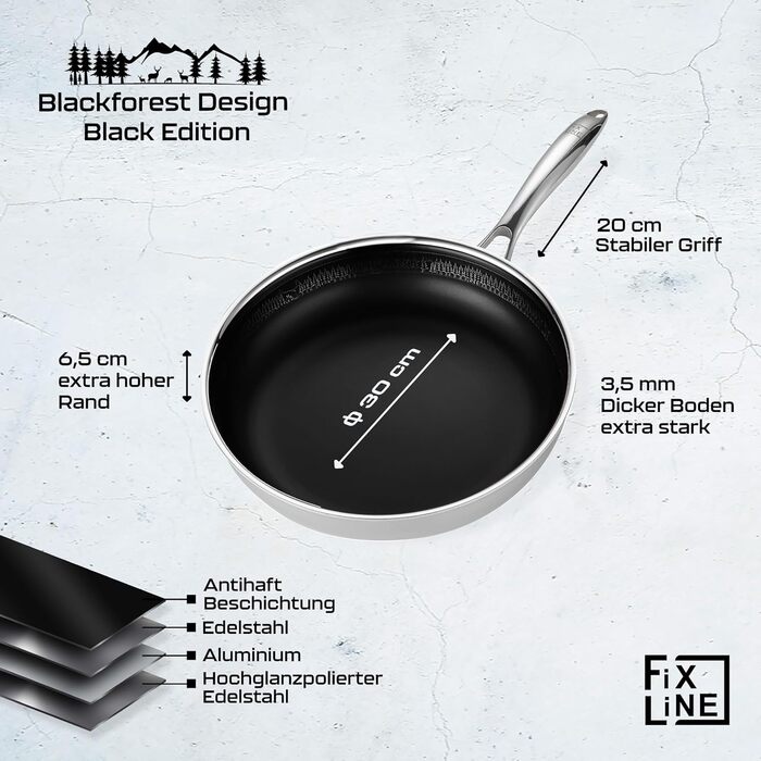 FIXLINE Black Forest Frying Pan 28cm - RED Design - Scratch-Resistant PTFE-Free Coating - Compatible with All Cooktops (including Induction) - Oven Safe up to 250°C - Easy Cleaning - Ideal Gift