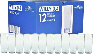 Van Well Willibecher 0,4 л, набір 12 шт — Преміум пивні склянки 400 мл, міцне скло для пива, для дому та ресторану, підходять для посудомийки, калібровані