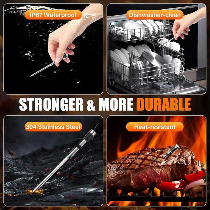 Бездротовий термометр для м'яса з Bluetooth, для гриля, духовки, мангалу, ротисерії, Airfryer, IP67 водонепроникний