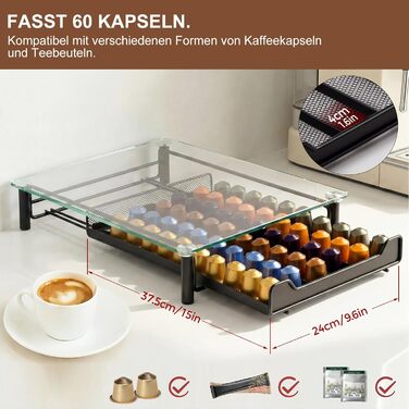 Тримач для капсул Nespresso прозорий на 60 капсул, металевий та скляний органайзер для кави, висувний дизайн