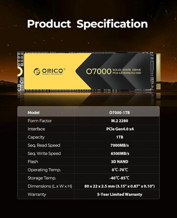 ORICO NVMe SSD 1TB PCIe 4.0 M.2 2280 Внутрішній SSD з радіатором для ПК та ноутбуків (7000 MB/s чтение, 6500 MB/s запись)